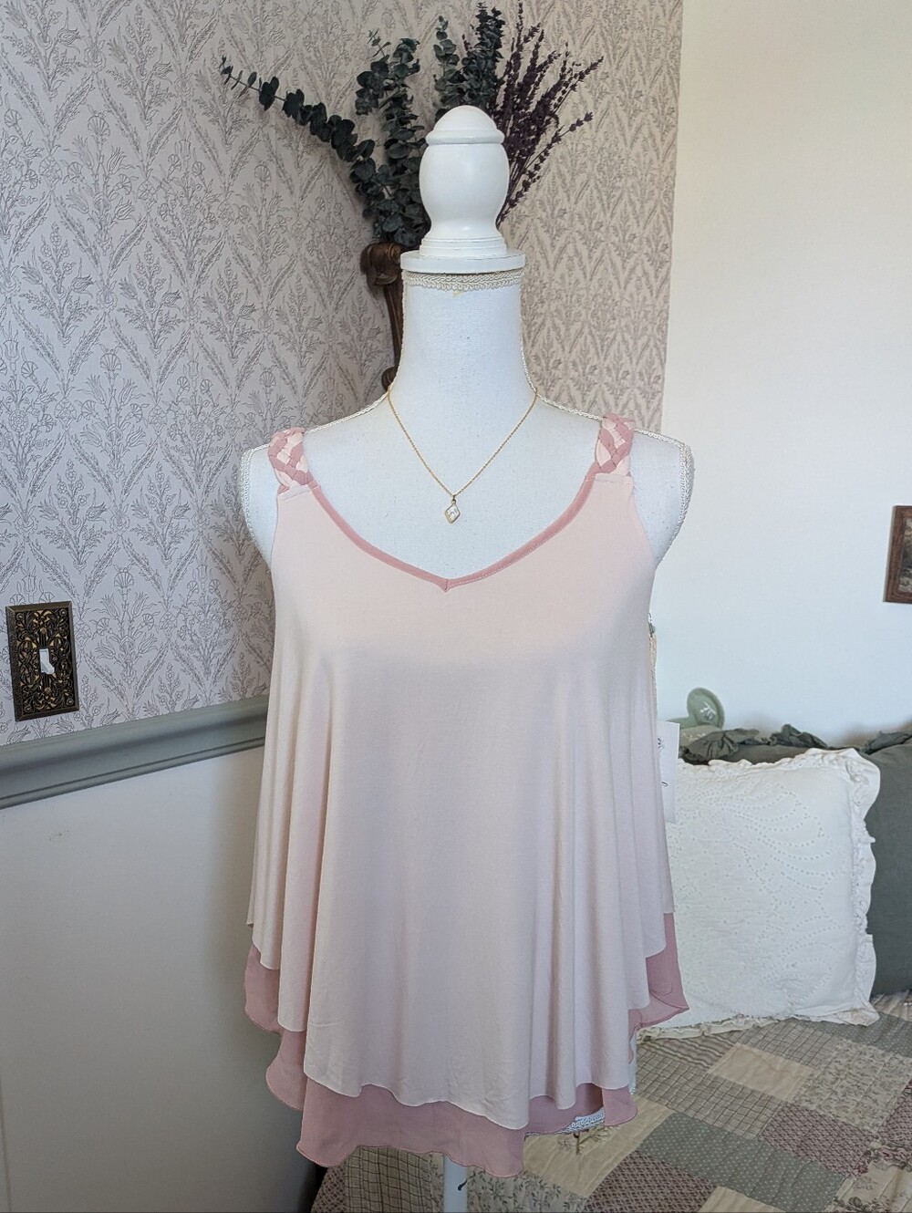 Grace & Lace Fara Tank XS NWT Blush Pink Braided Strap Layered Swing Top